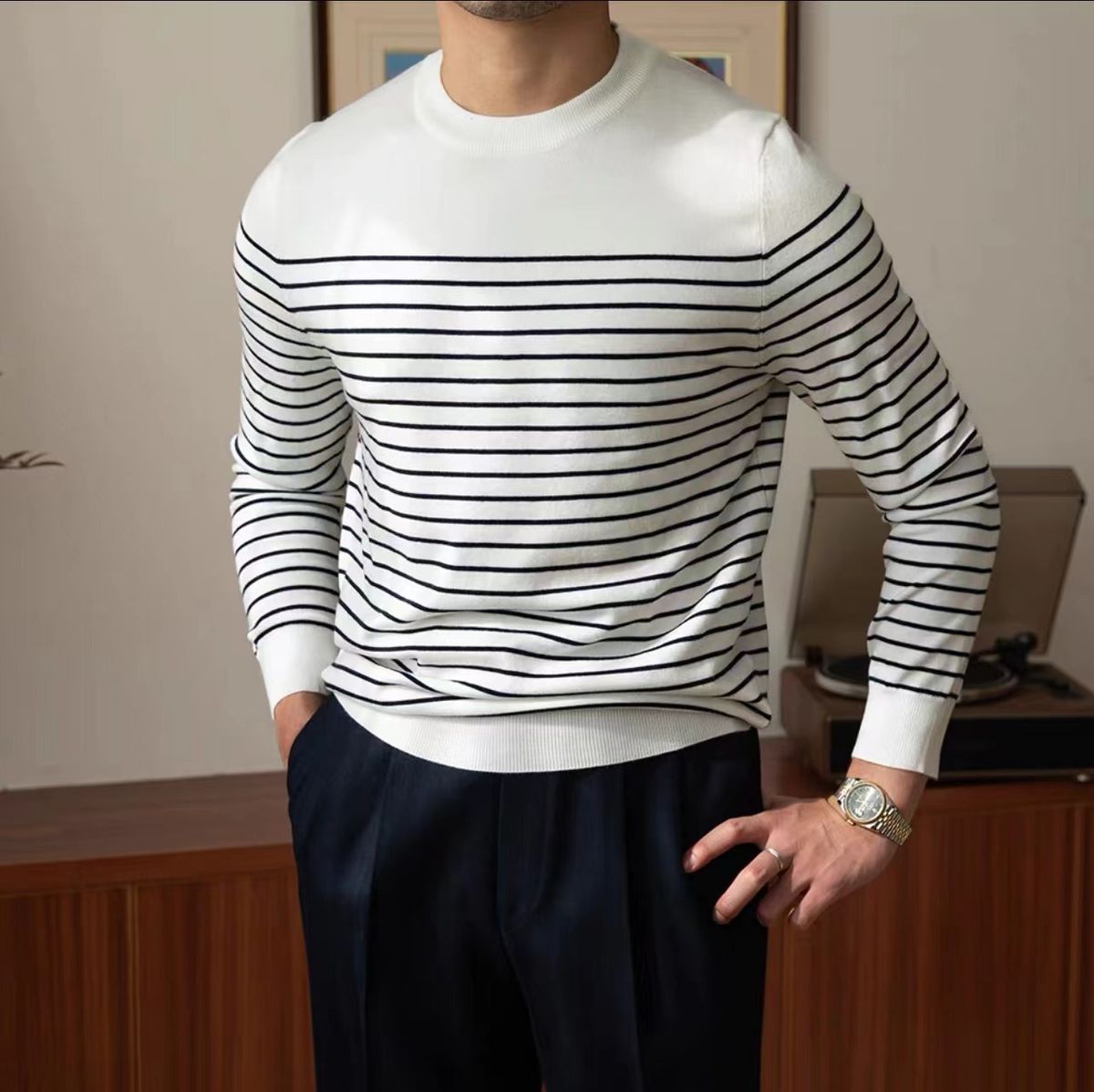 New Striped Long Sleeved Knitted Sweater For Men, Slim Fit With Fine Needles For Inner Wear_viptrois.com