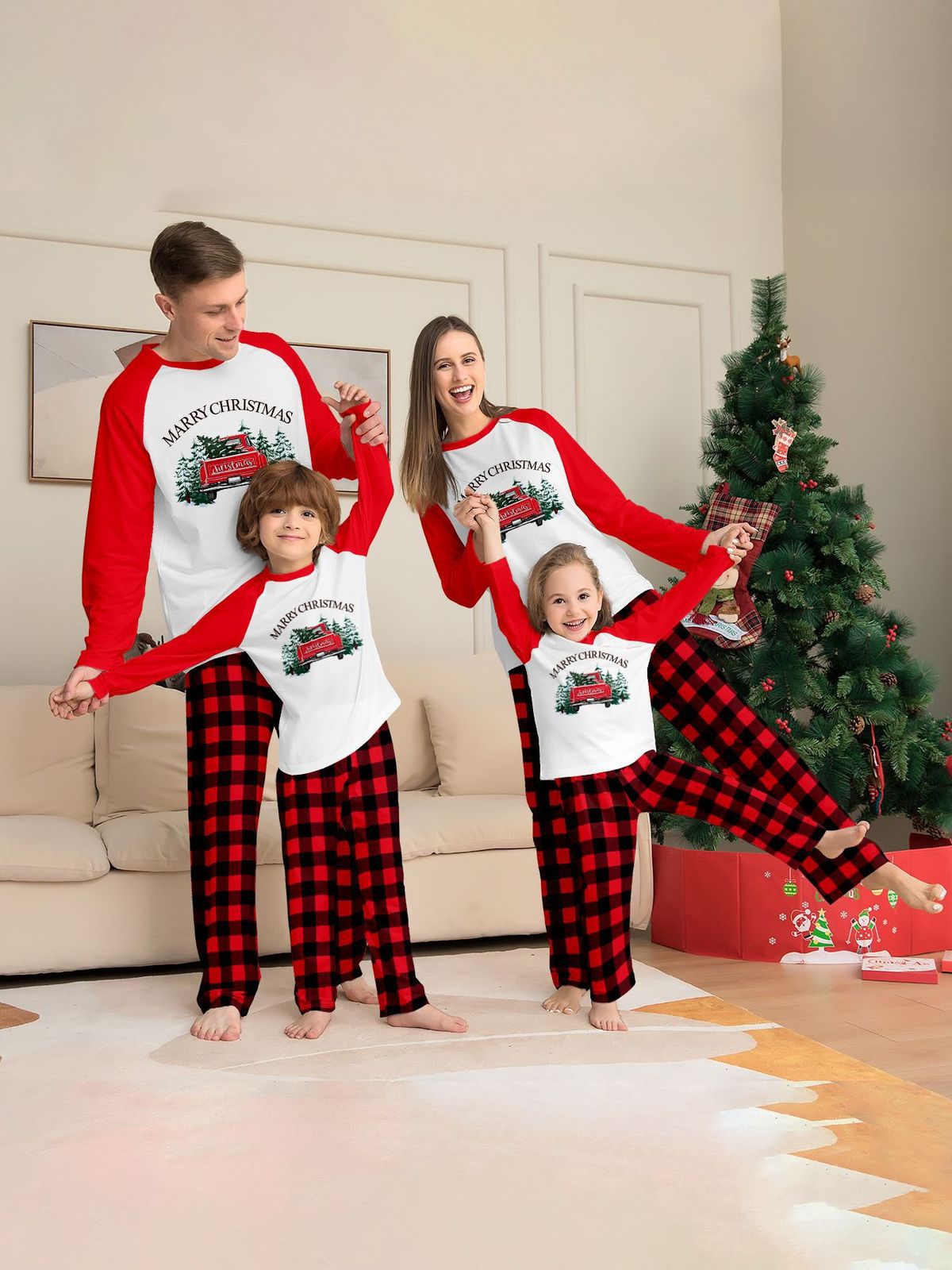 Christmas tree letters plaid Christmas family dress printed home clothes pajamas_viptrois.com