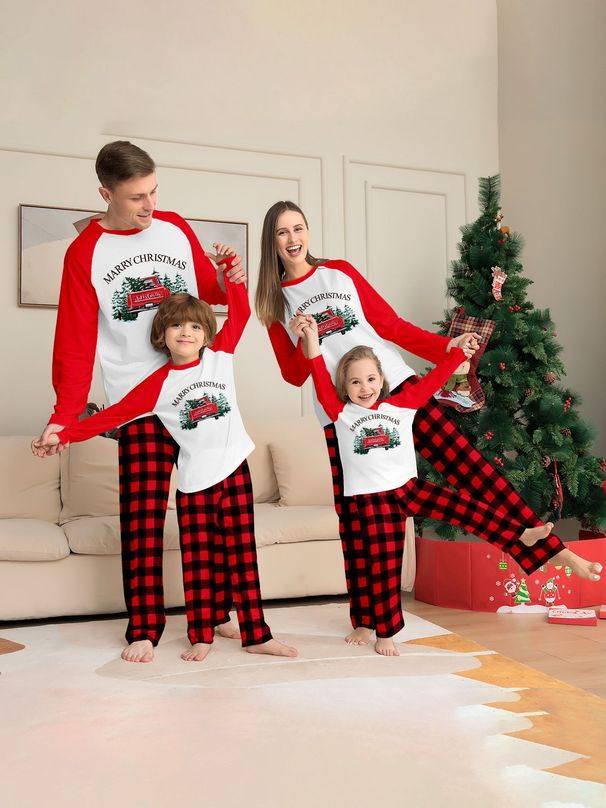 Christmas tree letters plaid Christmas family dress printed home clothes pajamas_viptrois.com