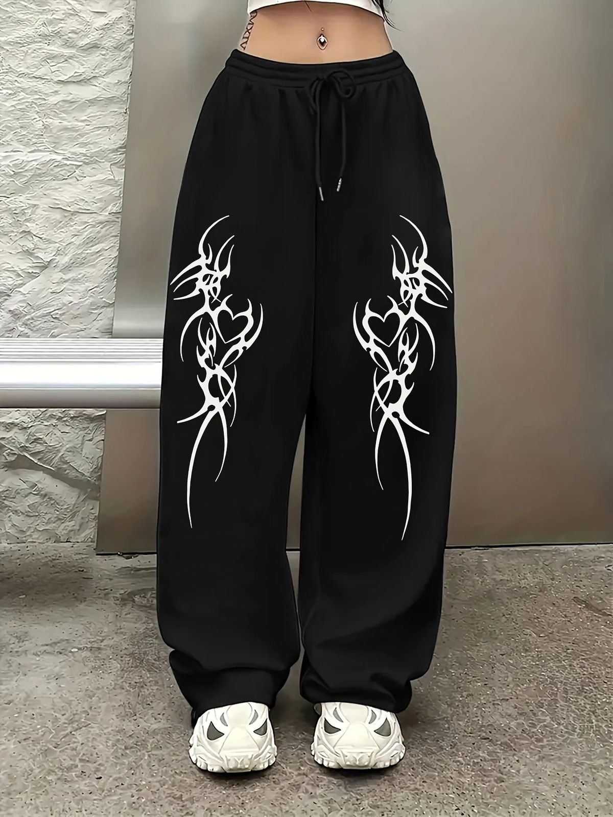 Gothic Y2k Print Jogger Pants For Men & Women - Loose Fit, Drawstring Waist, Flared Leg, Fleece-Lined, Punk Style Streetwear (Black/White/Gray)_viptrois.com