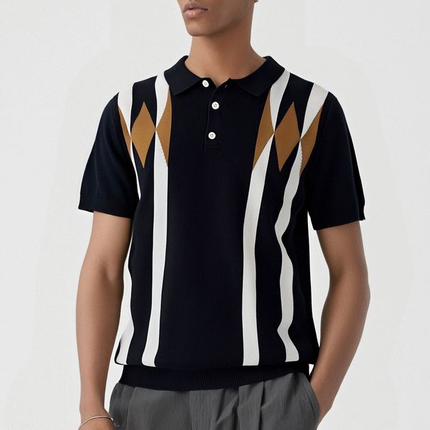 Men's Polo Shirt Knitwear Short Sleeve T-Shirt Striped Lapel Old Money Style Casual Top For Men_viptrois.com