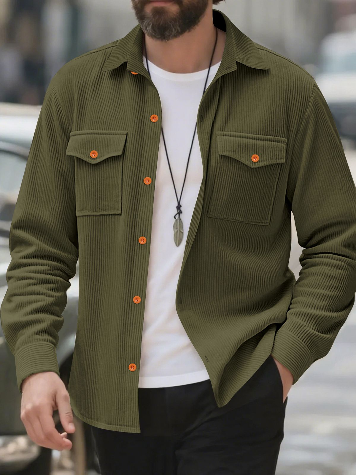 "Men's Corduroy Work Shirt Jacket - Polyester Blend Relaxed Fit Button-Up With Chest Pockets (Black/Grey/Khaki/Olive, S-XXXL)"_viptrois.com