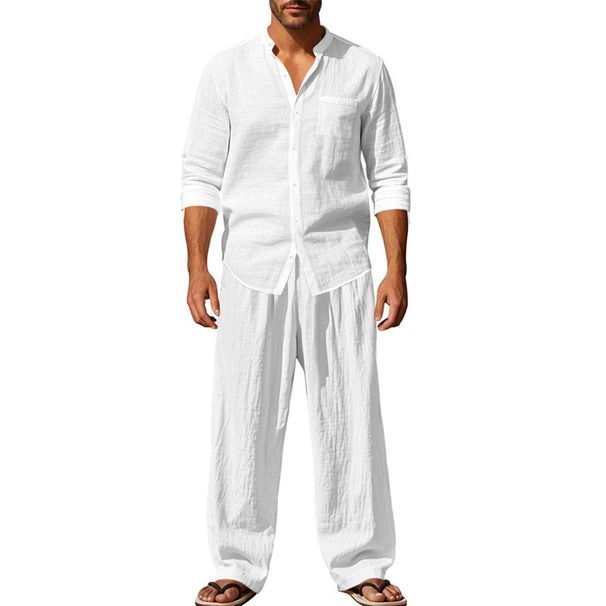 Men's Casual Breathable Long Sleeved Shirt And Loose Trousers Set Style Spring Cotton Linen Beach Wear_viptrois.com
