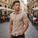 Men's Clothing Men's Short-Sleeved Collared Shirt Muscle Fitness Stretch Solid Color Sports Casual Cardigan Style Summer_viptrois.com
