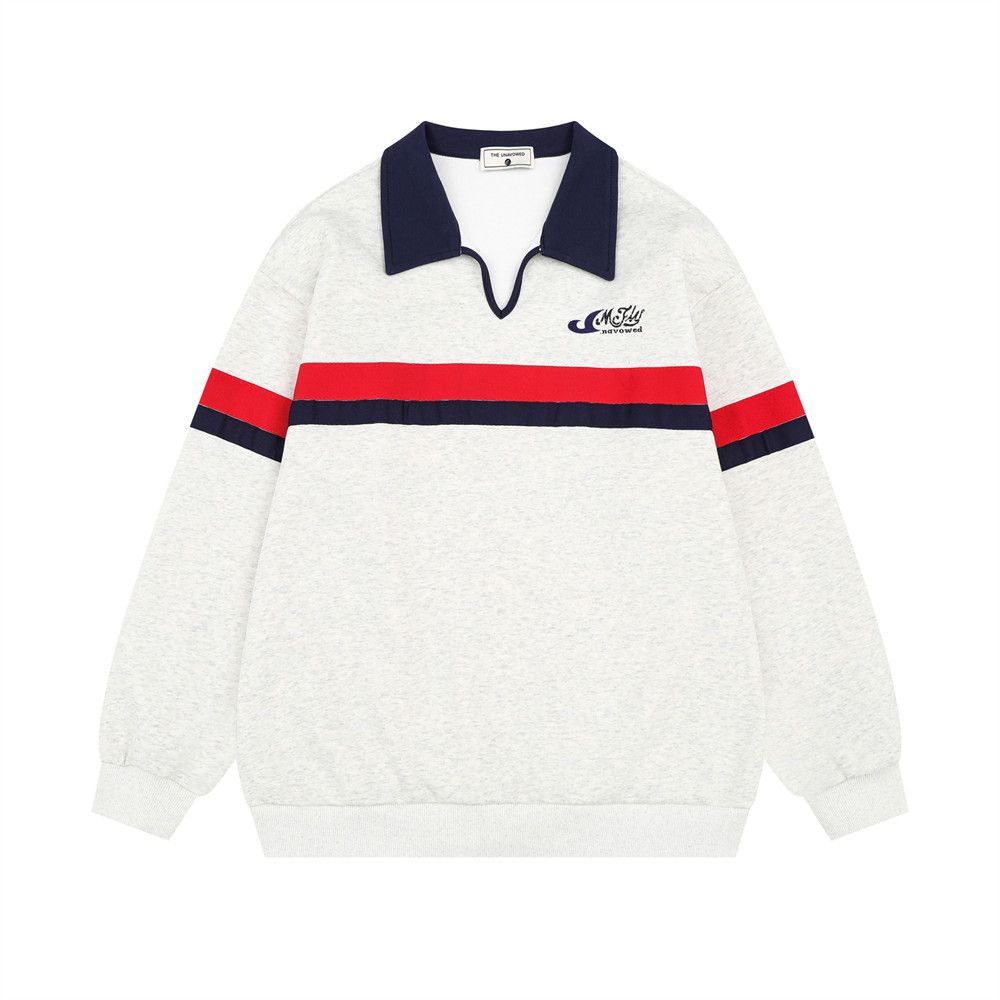 American Half Open Collar Polo Shirt Sweatshirt Men's Spring Lazy Style Loose Street Trend Color-Block Long Sleeve Top_viptrois.com