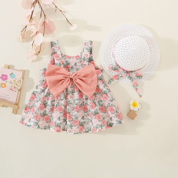 Kids’ Clothing Rose Slings On The Back Korean Style Girl's Dress With Hat_viptrois.com