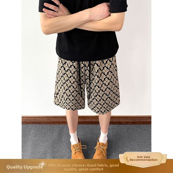 Men's Trendy Houndstooth Floral Print Five Point Shorts Summer Thin Casual Loose Fitting Versatile Shorts_viptrois.com