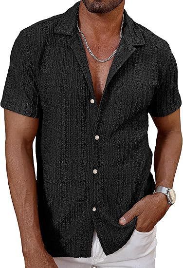Men's Clothing Cool Shirt Casual Knitted Sweater Hollow Breathable Short Sleeved Lapel Fashionable Shirts_viptrois.com