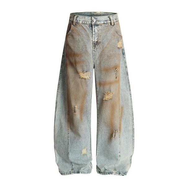 Post-apocalyptic Distressed Ink-splattered Dirty Denim Scimitar Men's Street Punk Loose Fit Wide-leg Long Floor-length_viptrois.com