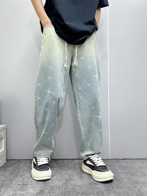 Autumn Vintage Star Jeans Washed Gradient Loose Straight Hip-hop Casual Versatile Wide Leg Pants_viptrois.com