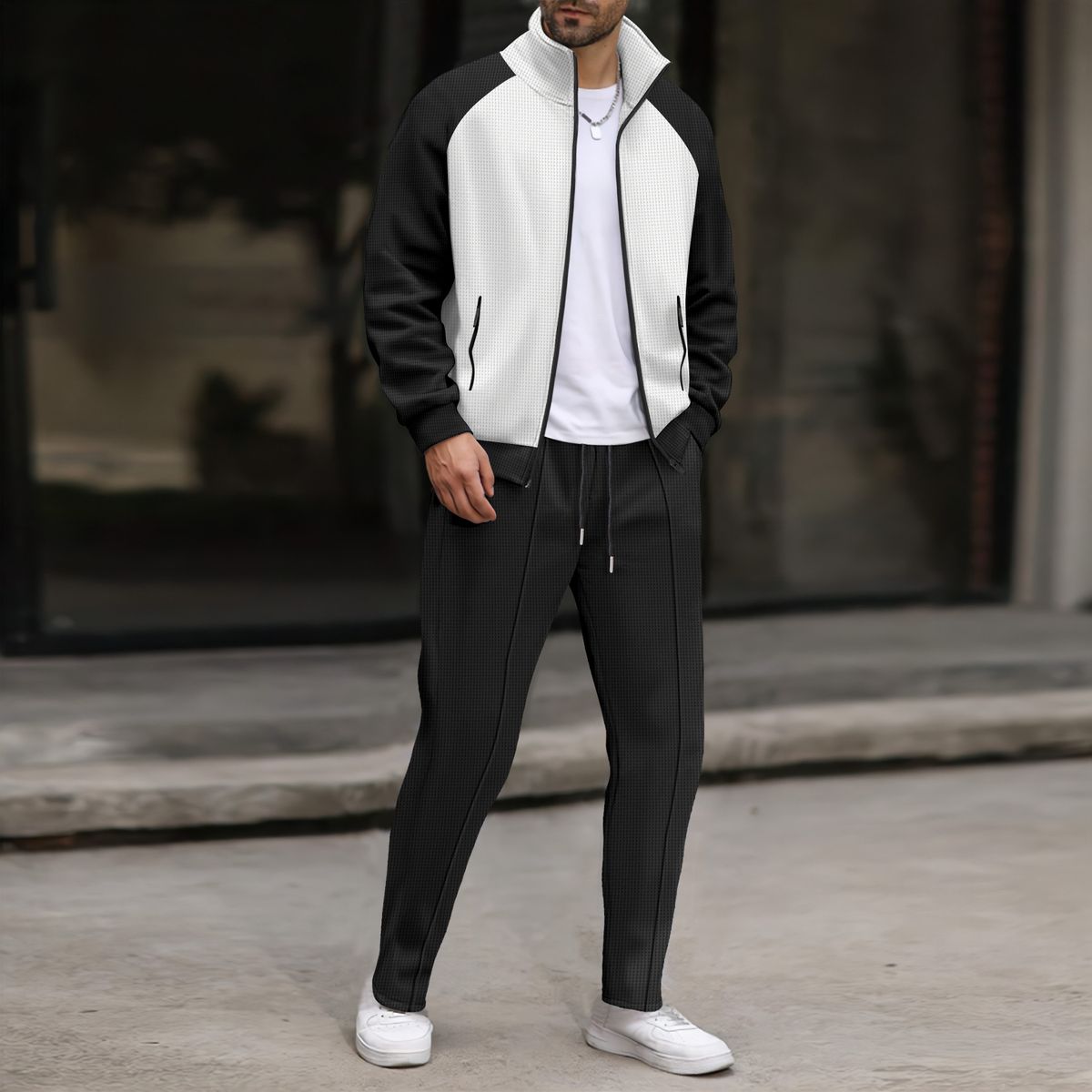 Men's Waffle Knit Zip-Up Jacket & Pants Set - Contrast Pocket Casual Lounge Wear With Stand Collar_viptrois.com