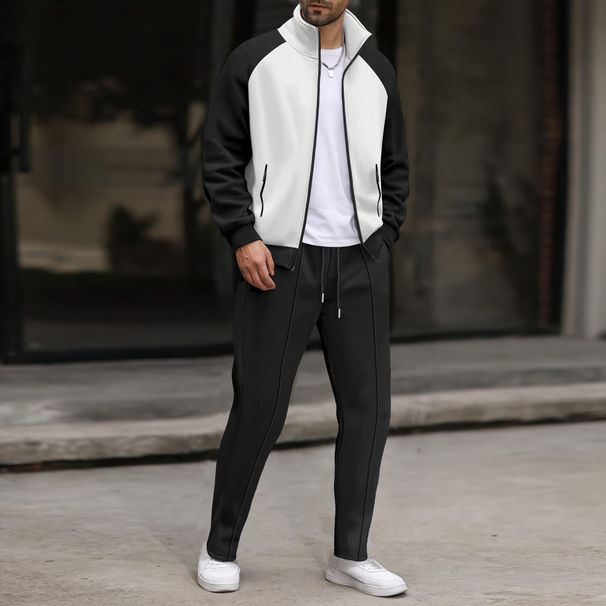 Men's Waffle Knit Zip-Up Jacket & Pants Set - Contrast Pocket Casual Lounge Wear With Stand Collar_viptrois.com