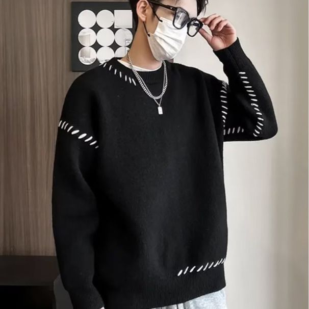 Sweater Men's Autumn And Winter New Style Open Thread Design Round Neck Knitted Sweater Warm Casual Thread Jacket_viptrois.com
