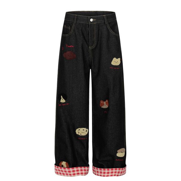 American Street Style Bear Embroidery Straight-Leg Jeans For Men With Design Sense, Rolled Hem, Color-Block Plaid_viptrois.com