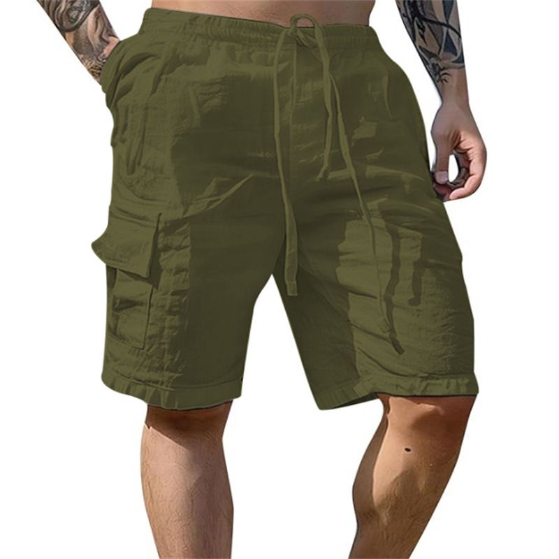 Men's Cotton-Linen Work Shorts - Breathable Outdoor Drawstring Waist With Multiple Pockets, Loose Fit Casual Shorts_viptrois.com