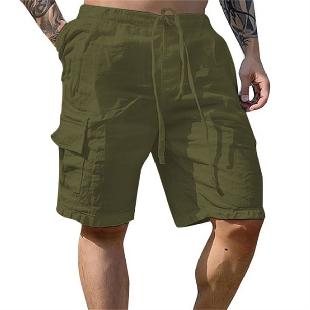 Men's Cotton-Linen Work Shorts - Breathable Outdoor Drawstring Waist With Multiple Pockets, Loose Fit Casual Shorts_viptrois.com