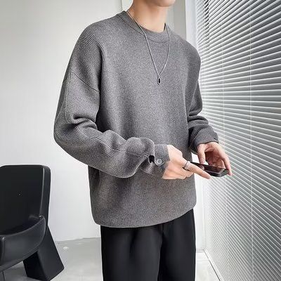 New high-end men's sweater round neck knitted jacket with autumn and winter design trendy brand white inner layer bottom shirt_viptrois.com