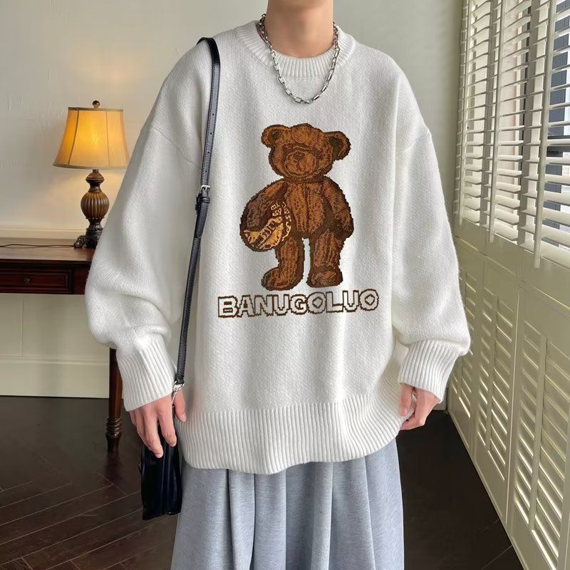 New retro personalized trendy brand teddy bear sweater for men, autumn and winter, loose fitting couple's knitted sweater_viptrois.com