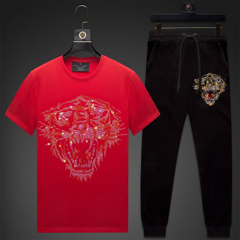 Men's Clothing One piece drop shipping new men's suit hot diamond tiger head summer mercerized cotton t shirt men's short sleeved trousers_viptrois.com