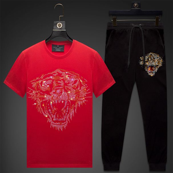 Men's Clothing One piece drop shipping new men's suit hot diamond tiger head summer mercerized cotton t shirt men's short sleeved trousers_viptrois.com