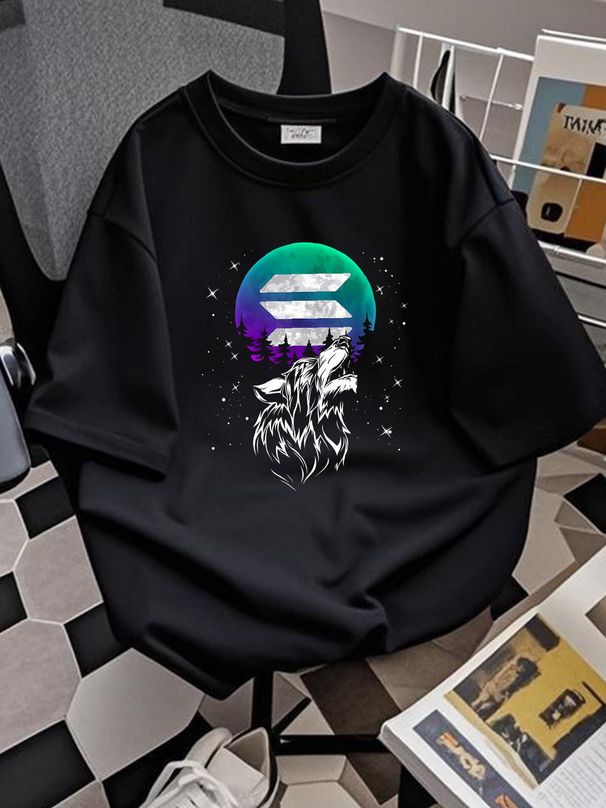 Solana Crypto Token Howling Wolf Full Moon Blockchain T-Shirt S- 4XL Comfortable Casual Streetwear Slightly Unisex Top For Everyday Wear Homme_viptrois.com