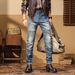 Western denim trousers retro motorcycle stretch jeans cycling spliced trousers_viptrois.com