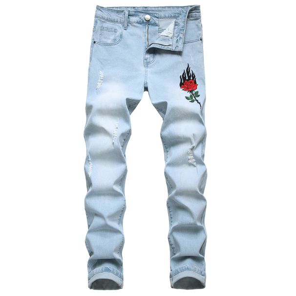 Men's Clothing men's stretch embroidered jeans rose flower light color ripped men's denim trousers LY024_viptrois.com