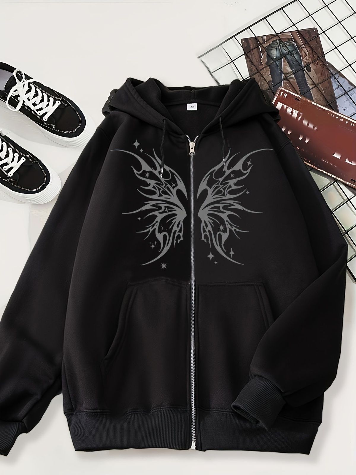 Men's Gothic Skull Print Hoodie - Black Zip Up Sweatshirt With Fleece Lining, Oversized Fit, Long Sleeve, Unisex Streetwear For Casual Wear_viptrois.com