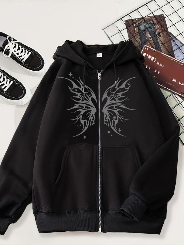 Men's Gothic Skull Print Hoodie - Black Zip Up Sweatshirt With Fleece Lining, Oversized Fit, Long Sleeve, Unisex Streetwear For Casual Wear_viptrois.com