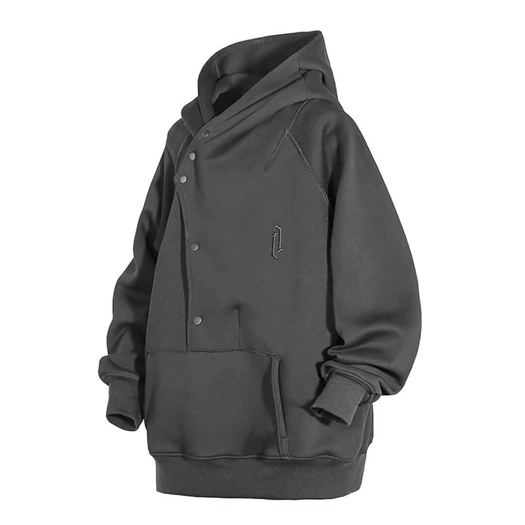Autumn Slanted Placket Button Hooded Sweatshirt, Loose Casual Hooded Top, Jacket_viptrois.com