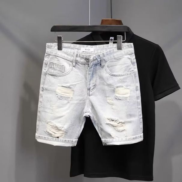Light Blue Denim For Men Simple Versatile Trendy Brand Summer New Slim Fit Non-Stretch Washed Casual Five-Point Shorts_viptrois.com