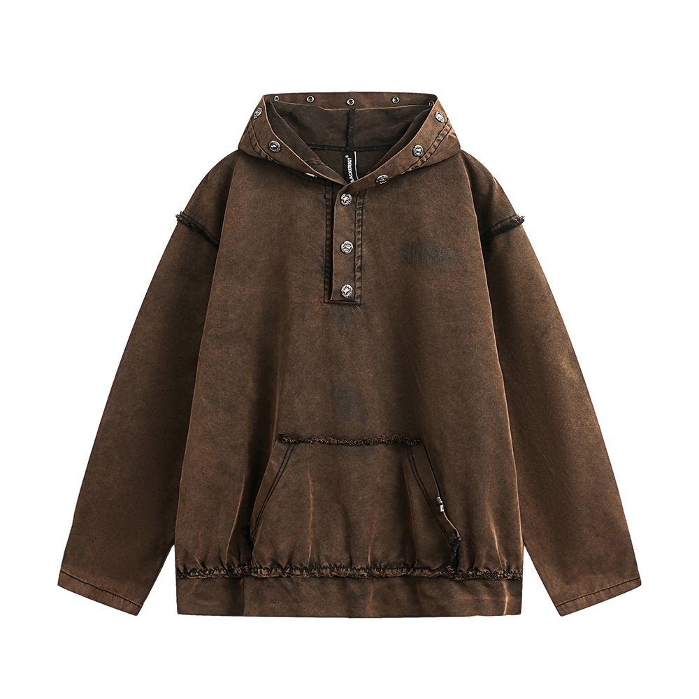 American High Street Washed Vintage Hoodie For Men, Worn-out Color, Frayed Edges, Half Button Design, Loose Fit_viptrois.com