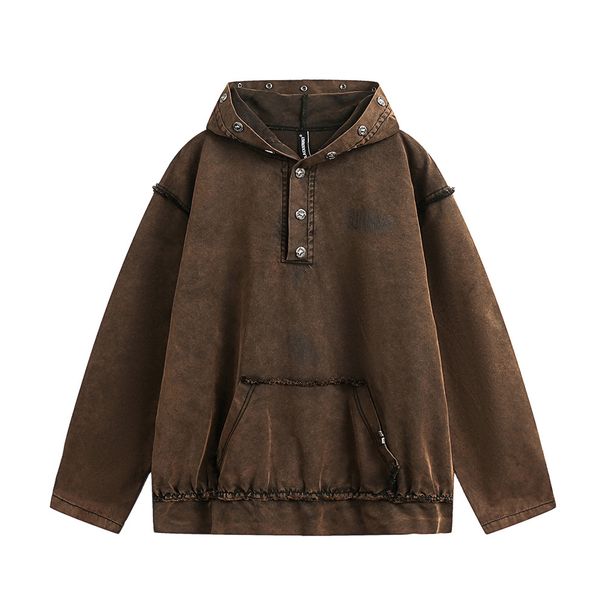 American High Street Washed Vintage Hoodie For Men, Worn-out Color, Frayed Edges, Half Button Design, Loose Fit_viptrois.com