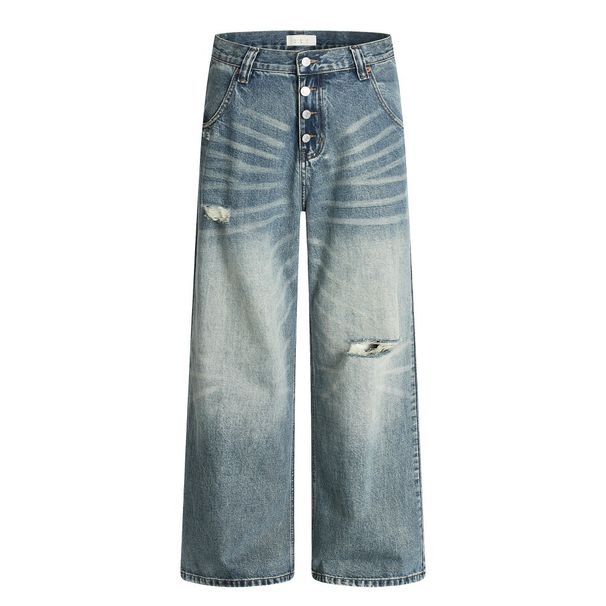 Distressed Washed Denim Men Loose Vintage Frayed Wide-Leg Straight Street Style Versatile Dad Pants_viptrois.com