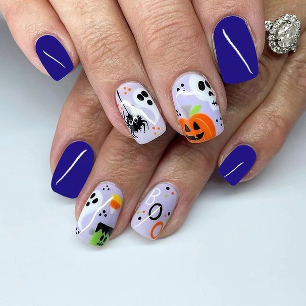 Short Bright Face Nail Art Halloween Orange Pumpkin Skull Head Black Spider Unregular Spotted Nail 24 Pieces_viptrois.com