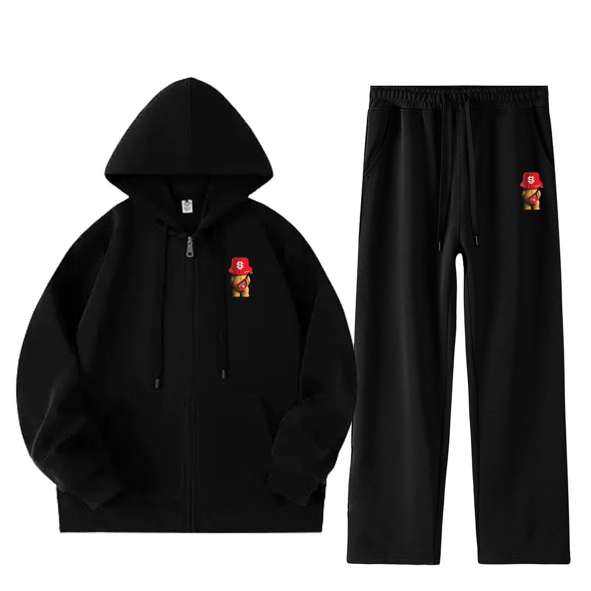 Trendy Bear Print Hoodie Set – Unisex Zip-Up Hooded Sweatshirt & Joggers (M-5XL) – Winter Casual Streetwear In Black/Grey_viptrois.com