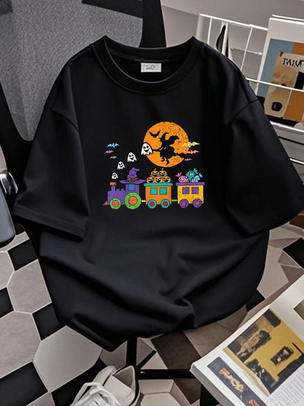 Halloween Train Witch Ghost Pumpkin Toddler Boys Girls T-Shirt Versatile Women Top Graphic Tees Graphic Designer Clothes Female T-Shirt For Women Casual Breathable Streetwear Comfortable Stretched Top For Everyday Wear Print Round Neck Short Sleeve_viptrois.com
