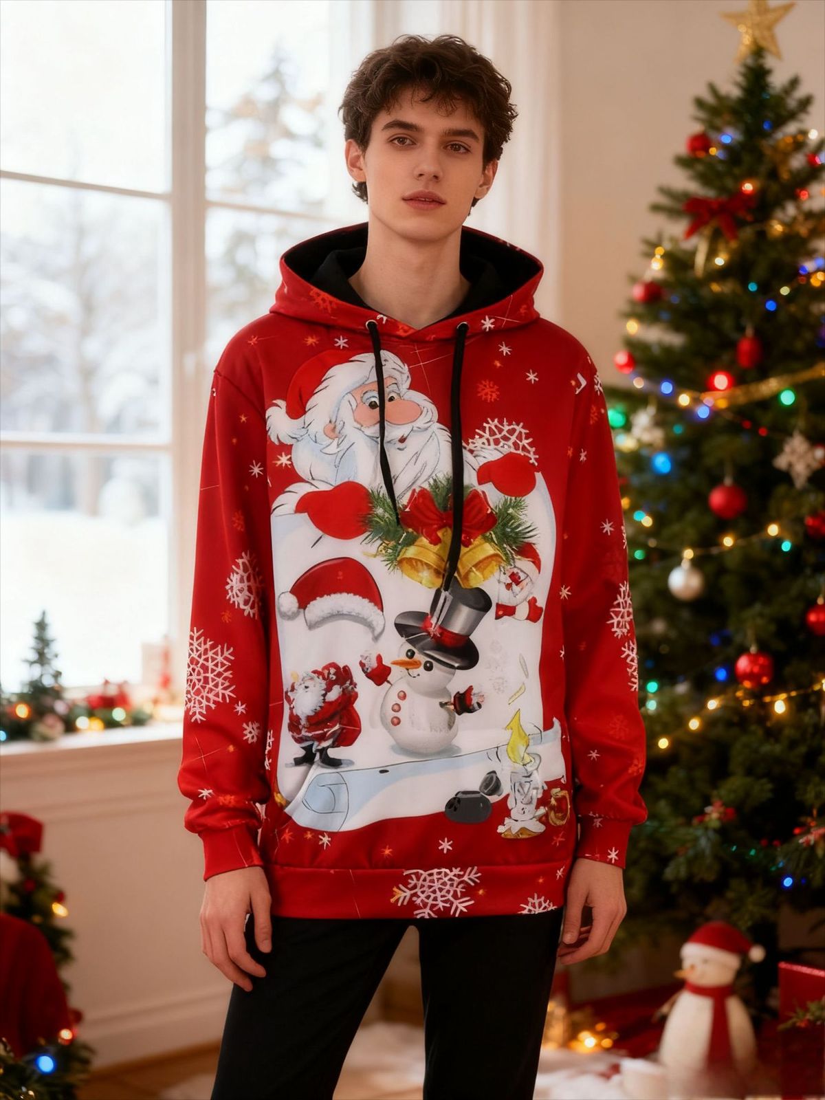 Christmas Print Hoodie – Oversized Unisex Pullover With Digital Graphic (Spandex Blend, Loose Fit, Couple Matching, Streetwear Holiday Vibes)_viptrois.com
