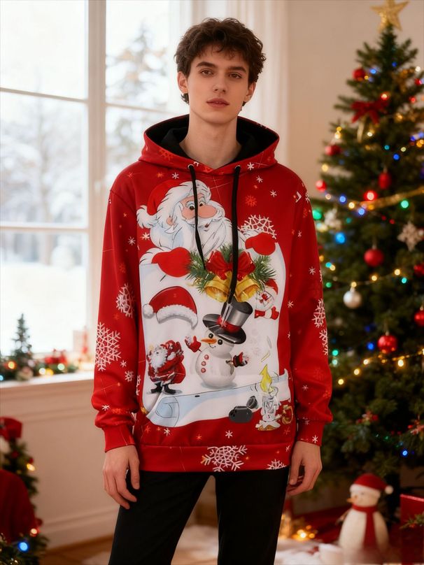 Christmas Print Hoodie – Oversized Unisex Pullover With Digital Graphic (Spandex Blend, Loose Fit, Couple Matching, Streetwear Holiday Vibes)_viptrois.com