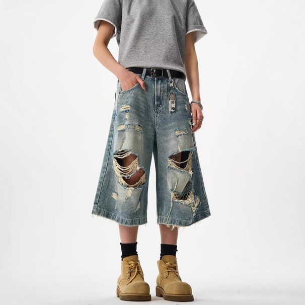Men's Clothing Retro Niche High Street Ripped Denim Cropped Trousers For Men And Women Loose Casual Drape_viptrois.com