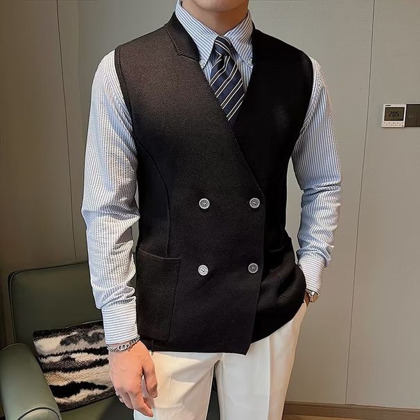 Men's Slim-Fit Wool Vest – Double-Breasted & V-Neck (Striped Knit Sleeveless Waistcoat For Layering)_viptrois.com