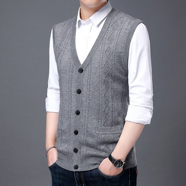 Men's Wool Blend V-Neck Sleeveless Sweater Vest - Plaid & Camouflage Pattern, Slim Fit, Casual Pullover For Autumn_viptrois.com