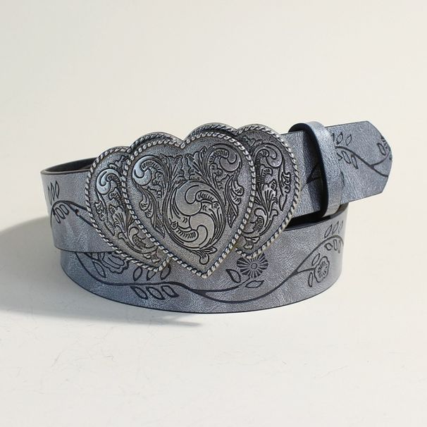 Western Boho Belt For Women - Triple Heart Buckle With Rose Engraving | Distressed Gray Leather Waistband | Cowgirl Style (Adjustable 1.25" Width)_viptrois.com