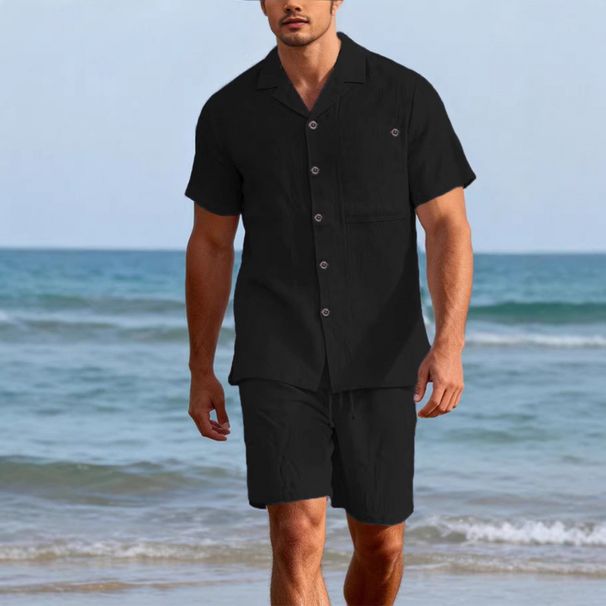 Men's Linen Long Sleeve Casual Top And Five-Quarter Shorts Fashion Set_viptrois.com