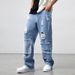 Men's Clothing Ripped loose straight jeans large size men's denim splicing casual pants manufacturers_viptrois.com
