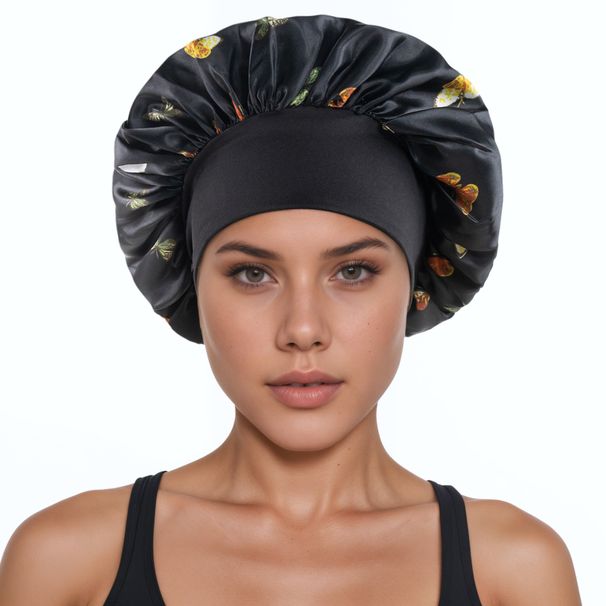 Wide-Brimmed Satin Sleep Cap With Floral Print & Bow Design - Stretchy & Comfortable Hair Protection Bonnet For Women_viptrois.com