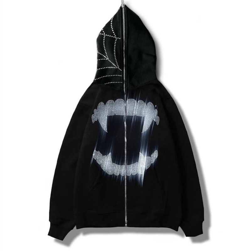 2023 New Mouth Print Punk Style Harajuku Y2k Gothic Hoodie Long Zipper Sweatshirt_viptrois.com