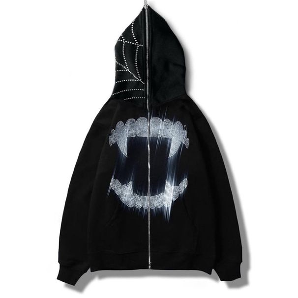 2023 New Mouth Print Punk Style Harajuku Y2k Gothic Hoodie Long Zipper Sweatshirt_viptrois.com