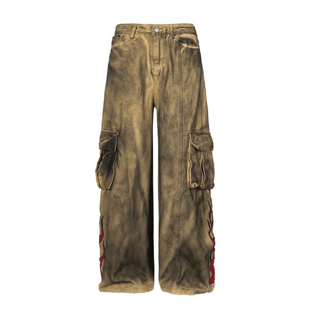 Wasteland Style Tie-Dye Vintage Dirty Workwear Jeans For Men With Design Sense, Flame Patch Embroidery, Wide-Leg Long_viptrois.com