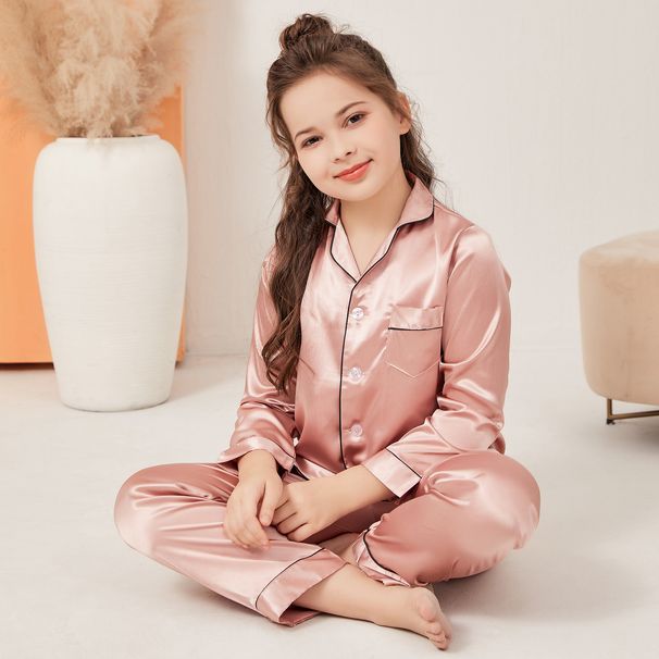 Women's clothing spring and autumn thin ice silk boys and girls long-sleeved casual home clothes children's imitation silk lapel pajamas set_viptrois.com